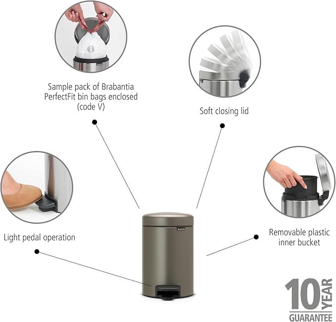 Brabantia Step-On XS Trash Can | Platinum | 0.8 Gallon / 3L | Bathroom, Bedroom, Office Trash Can with Light Pedal Opening, Handle & Removable Inner Bucket | 6.6 x 9.3 x 10.4 | + Trash Bags