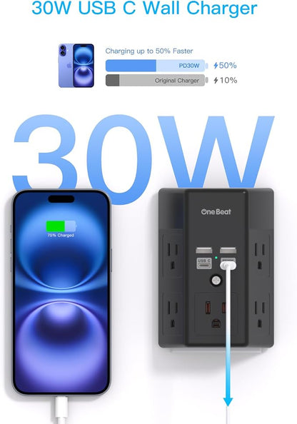 One Beat Surge Protector Wall Outlet Extender, 5 Outlets & 4 USB Ports (30W USB-C PD), 1680J, 3-Sided Multi Plug Outlet Adapter, Outlet Splitter, Wall Mount, ETL Listed for Home Office Travel-Black