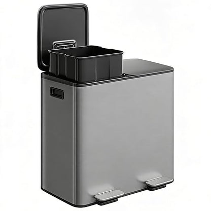 Garvee 10.6 Gallon Kitchen Step Trash Can, 2 Compartment 40L Stainless Steel Recycling Bin with Soft-Close Lid, Dual Garbage Can Recycle Combo for Home Kitchen, Matte Grey