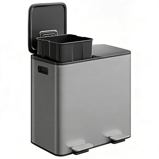Garvee 10.6 Gallon Kitchen Step Trash Can, 2 Compartment 40L Stainless Steel Recycling Bin with Soft-Close Lid, Dual Garbage Can Recycle Combo for Home Kitchen, Matte Grey