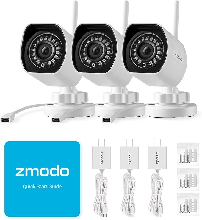 Zmodo 1080p Outdoor Wireless Camera, 3 Pack Indoor Outside WiFi Cameras, IR Night Vision, Motion Detection, Remote View, Easy Setup, White, Plug-In, Compatible with Alexa 3 Count
