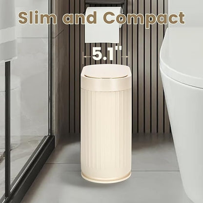 ELPHECO Bathroom Trash Can 2 Gallon Plastic Smart Garbage Can Waterproof Wastebasket Bathroom Decor Narrow Garbage Bin with Automatic lid for Bedroom, Kitchen (Beige)