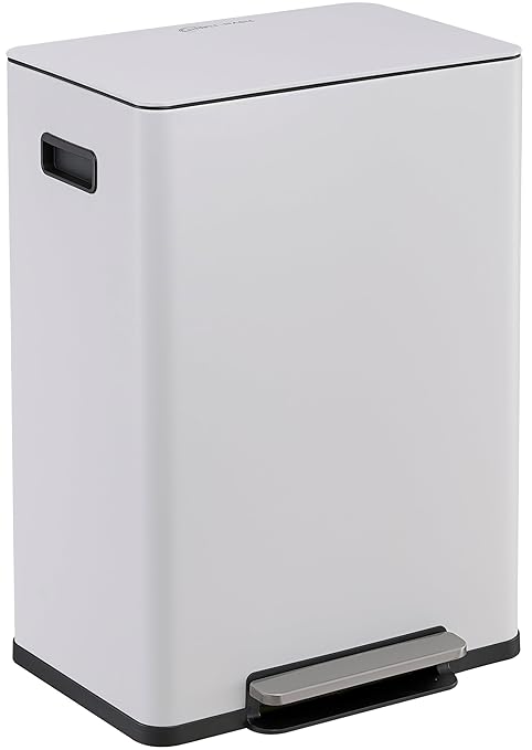 Simpli-Magic Infinity Edge 60 Liter / 16 Gallon Rectangular Hands-Free Extra Large Kitchen Step Trash Can, Soft-Close Single Lid Recycling Bin, Stainless Steel, White, 79680