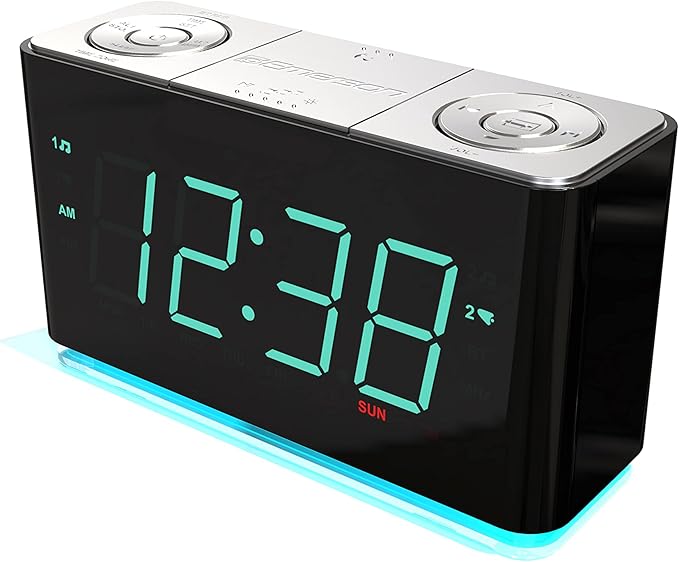 Emerson Smartset Alarm Clock Radio with Bluetooth Speaker with USB Port for iPhone/iPad/iPod/Android and Tablets, 1.4" Cyan LED Display and Night Light, ER100301