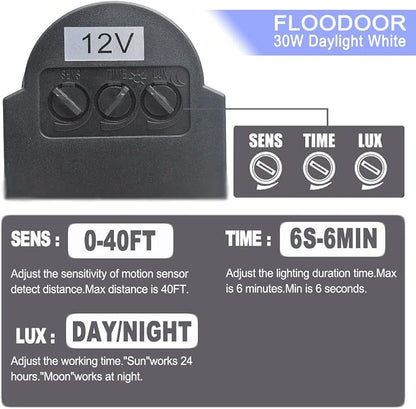 30W LED Motion Sensor Light Outdoor Waterproof Flood Light 12-24V AC/DC Super Bright Security Light, 6000K, 2700LM, Daylight White, 150W Bulb Equivalent, PIR Sensor Light (2 Pack)