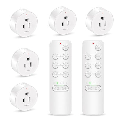 Remote Control Outlet, GREENCYCLE Remote Timer Switch, Plug in Light Switch Outlet, 500ft Range, 15A/1500W, for Lights, Fans, Christmas Lights, Household Appliance, 2Remotes 5Outlets