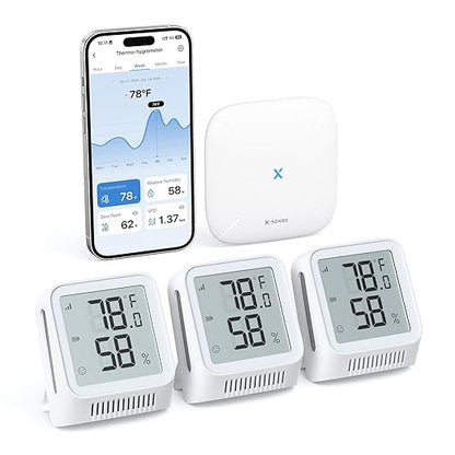 X-Sense Wi-Fi Thermometer Hygrometer with LCD, 3 Sensors & Base Station | LCD Digital Sensors Track Temp and Humidity with App Alerts and Data Export at No Cost for Home, Basement, and Wine Cellar