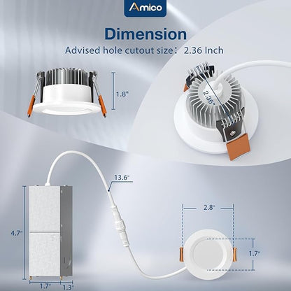 Amico 6 Pack 2 Inch 5CCT Ultra-Thin LED Canless Recessed Ceiling Light with Junction Box, 2700K/3000K/3500K/4000K/5000K Selectable, CRI90+, 6W=40W, 350LM, Dimmable Canless Wafer Downlight-ETL&FCC