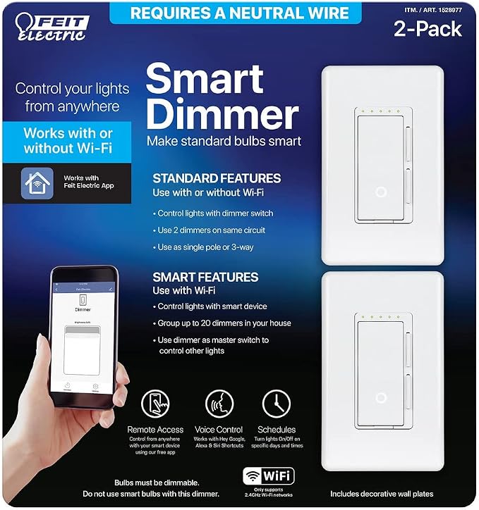 Feit Electric Wi-Fi Smart Dimmer 3 Way Single Pole Switch (2 Pack)