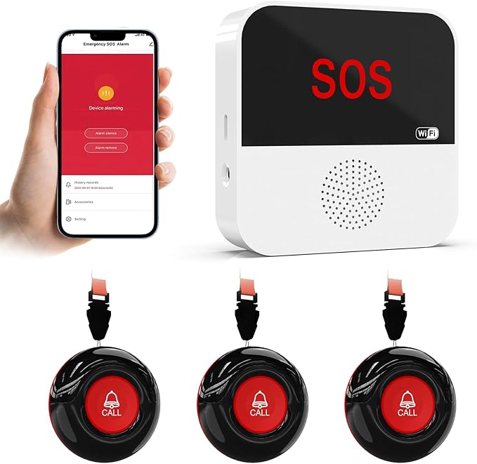 SanJie Wi-Fi Wireless Caregiver Pager Call Button for Elderly at Home - Alert Systems with App Remote Alerts & Device Sharing Suitable for Seniors & Patients and People with Disabilities
