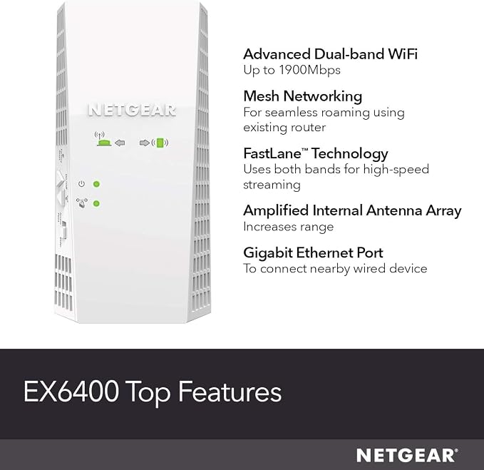 NETGEAR WiFi Mesh Range Extender (EX6400) - Add up to 2,100 sq. ft., 35 Devices - AC1900 Dual Band Wireless Signal Booster & Repeater (up to 1.9 Gbps Speed), Smart Roaming – Free Expert Help