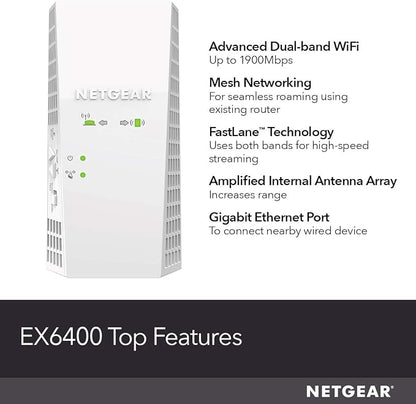 NETGEAR WiFi Mesh Range Extender (EX6400) - Add up to 2,100 sq. ft., 35 Devices - AC1900 Dual Band Wireless Signal Booster & Repeater (up to 1.9 Gbps Speed), Smart Roaming – Free Expert Help