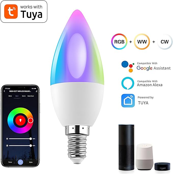 2 Pack LED Light Bulb E12 WiFi Smart Bulbs RGBCW 16 Million Color Changing App Voice Control Woks with Tuya/Smart Life Compatible with Alexa Google Home