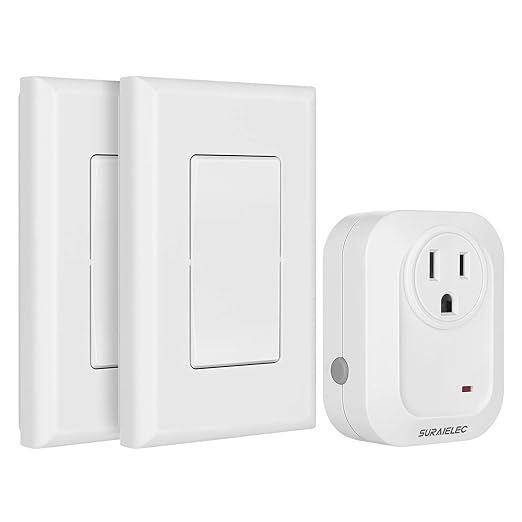 SURAIELEC Wireless Wall Switch Remote Control Outlet, No Wiring, 100ft RF Range, Pre-Programmed, Expandable Wireless Light Switches for Plug in Pendant Light, Lamp (2 Wall Switches and 1 Receiver)