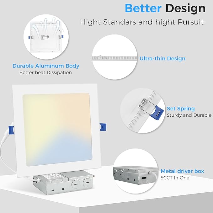 HONZIN 2 Pack 12 Inch Square Recessed Lighting, 5CCT Ultra-Thin LED Downlight, 2700K/3000K/3500K/4000K/5000K Selectable, Dimmable, 24W, IC Rated Canless Ceiling Lights with Junction Box, White Trim