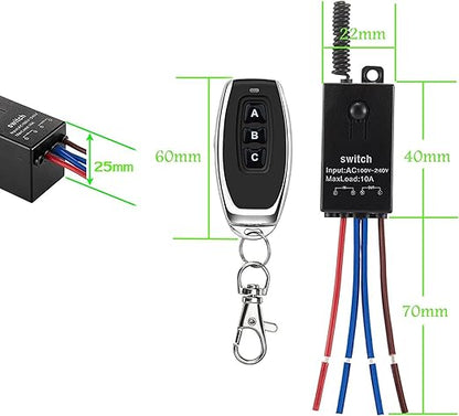3 Way Mini Remote Control Switch - AC 110V/120V/220V/240V/10A Relay ON/Off With 328FT Long Range for Motor, Lamps, LED Lights, Fans (2 Remote Controls, 3 Receivers)