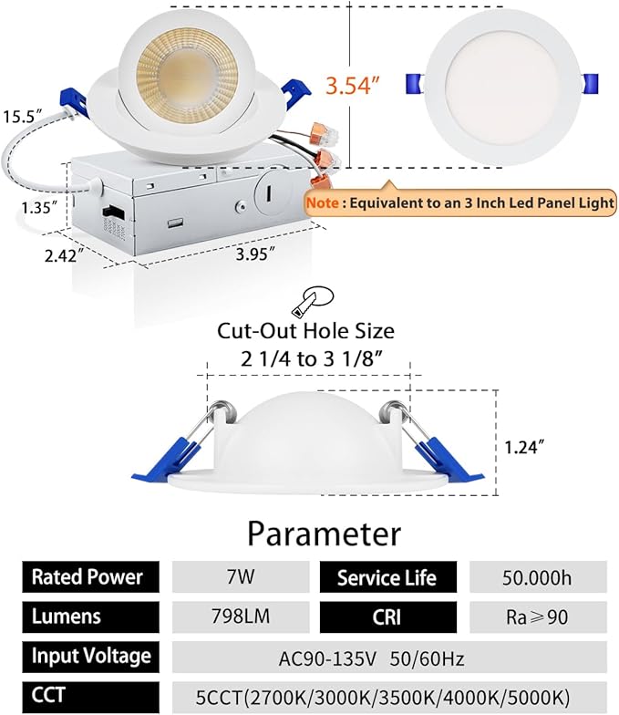 Adetu 3 Inch Gimbal Led Recessed Lighting, 360°+90° Adjustable Directional Recessed Lights, 2700K/3000K/3500K/4000K/5000K Dimmable Retrofit Eyeball Can Lights with Jbox,ETL (White,12 Pack)