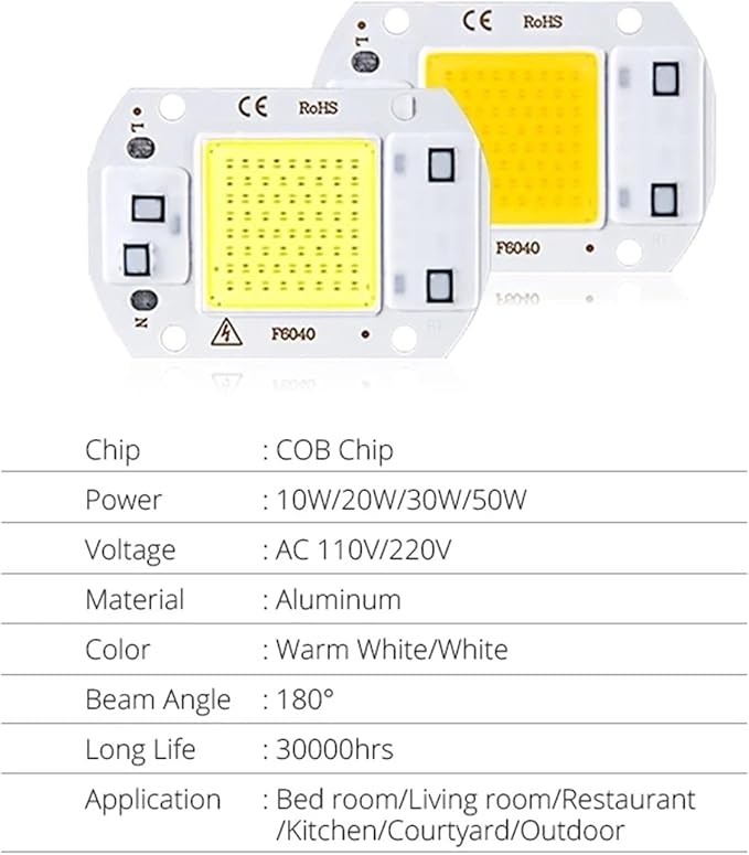 3pcs Real Power 220V 110V COB LED Chip 50W 30W 20W Smart IC COB Diode LED Beads DIY Spotlight Floodlight F6040 Not Need Driver(20w f6040,220V_Warm White)