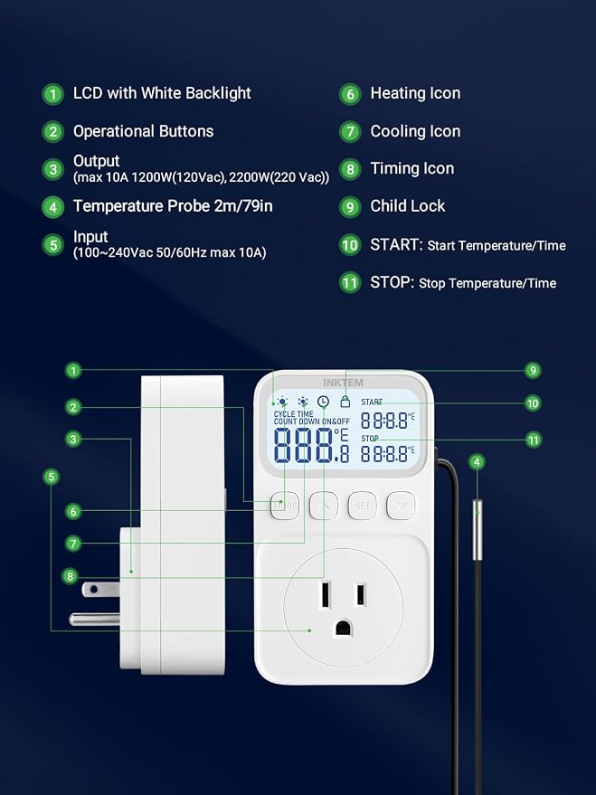 Plug in Temperature Controlled Outlet for Heater, Freezer 1800W 16A