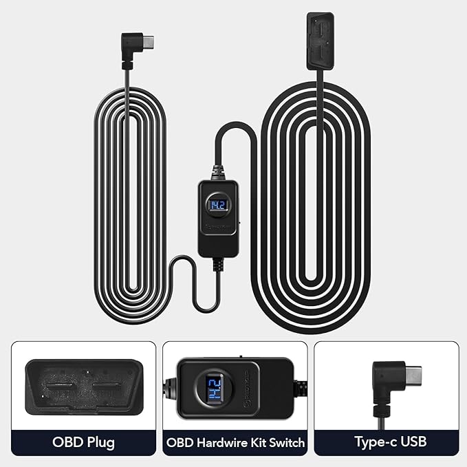 REDTIGER Dash Cam OBD Hardwire Kit Power Cable Type USB C Port,10FT 12V-24V to 5V,for Dash Camera, Low Voltage Protection
