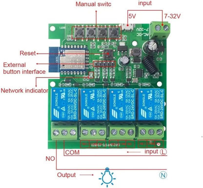 Tuya WiFi Smart 4 Channel 7-32V Relay Switch Module,Dry Contact,Passive Output,Wireless Relay Controller with External Switch Pin,Compatible with Alexa Google Home
