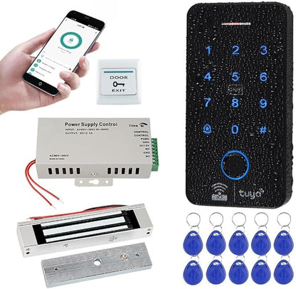 WiFi Tuya Fingerprint Door Access Control System, IP68 Biometrics RFID Keypad 125KHz 13.56MHz, 180KG Electric Magnetic Lock Kit, Smart Phone APP Password Remote Unlock