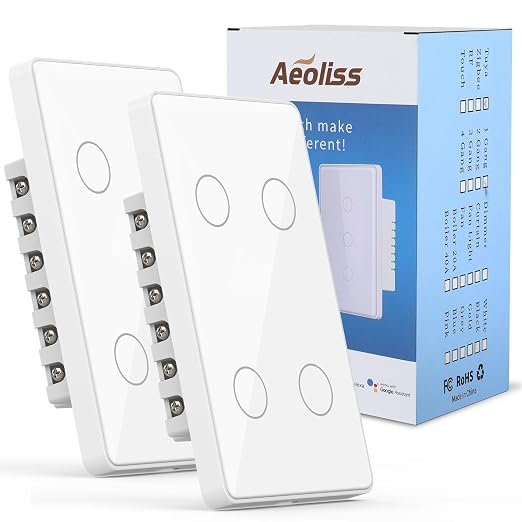 2.4GHz WiFi Smart Touch Wall Single Fire Smart Light Switch, Need Neutral Wire, Glass Panel Light Switch Work with Smart Life/Tuya App, Alexa and Google Home 2 Pack (White 4 Gang)