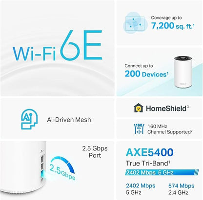 TP-Link Deco XE75 Pro AXE5400 Tri-Band WiFi 6E Mesh System - 2.5G WAN/LAN Port, Covers up to 7200 Sq.Ft, Replaces WiFi Router and Extender, AI-Driven Mesh, 6GHz Band, 3-Pack