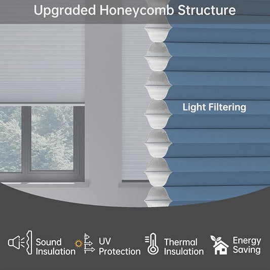 Cellular Shades Light Filtering Honeycomb Blinds for Indoor Windows, Cordless Cellular Shades 1.5 inch Cell Pleated for Bedroom Home Office, Custom Size, Half Shading Blue