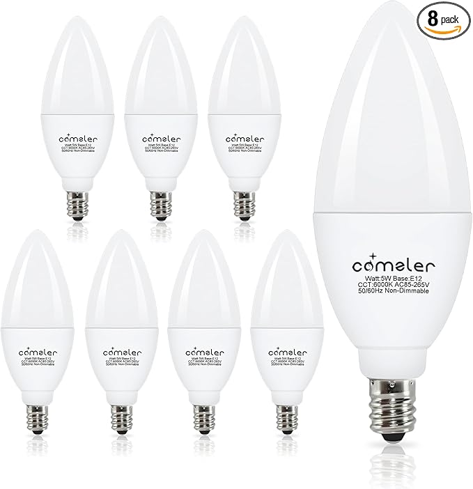 comzler 8 Pack E12 LED Light Bulbs, 5 Watt 60 Watt Equivalent LED Candelabra Bulbs, 6000K Cool Daylight Ceiling Fan Light Bulbs, Non-Dimmable Candle Bulb Small Base for Chandelier