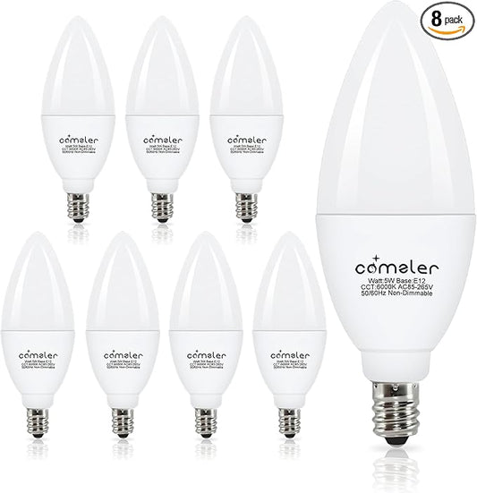 comzler 8 Pack E12 LED Light Bulbs, 5 Watt 60 Watt Equivalent LED Candelabra Bulbs, 6000K Cool Daylight Ceiling Fan Light Bulbs, Non-Dimmable Candle Bulb Small Base for Chandelier