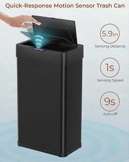 TLSUNNY 13.2 Gallon Motion Sensor Trash Can,Touchless Automatic Garbage Can,Brushed Stainless Steel Smart Bin,with Bag Holder,Soft Close Lid,for Kitchen,Office,RV,Bedroom,Living Room (Black, 50L)