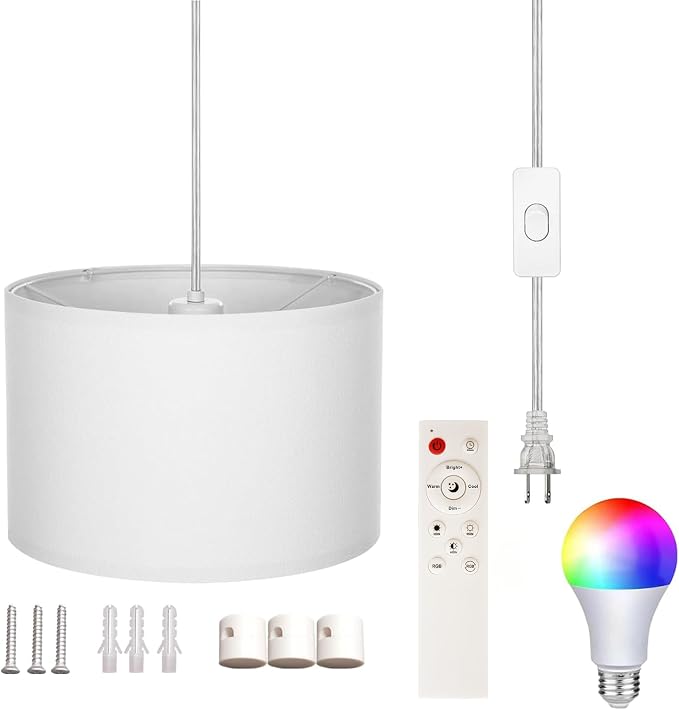 Plug in Pendant Light, Hanging Lamp with RGB Smart Bulb, Hanging Lights with Plug in Cord Hanging Lights for Bedroom Kitchen Living Room Dining Room Pendant Light Fixture