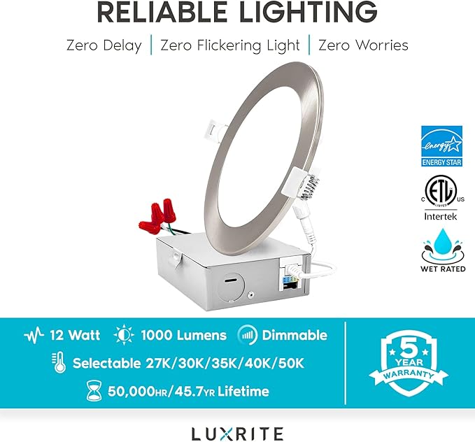 LUXRITE 6 Inch Ultra Thin LED Recessed Light with J-Box, 12W, 5 Color Options 2700K | 3000K | 3500K | 4000K | 5000K, Dimmable Wafer Light, 1000 Lumens, Brushed Nickel, Energy Star, IC Rated (4 Pack)