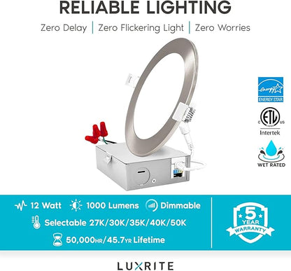 LUXRITE 6 Inch Ultra Thin LED Recessed Light with J-Box, 12W, 5 Color Options 2700K | 3000K | 3500K | 4000K | 5000K, Dimmable Wafer Light, 1000 Lumens, Brushed Nickel, Energy Star, IC Rated (4 Pack)