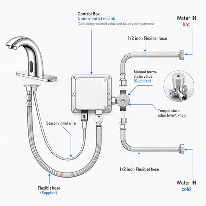 Chrome Touchless Bathroom Sink Faucet - Automatic Sensor Faucet - Dual Power Supply 110V AC or Battery Operated for Commercial