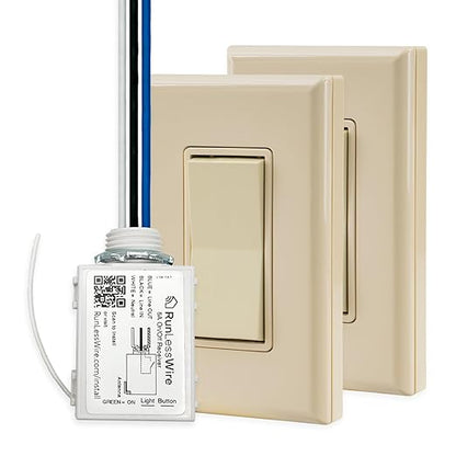 RunLessWire 3-Way Battery-Free DIY Wireless Light Switch Kit 150ft RF Range Self-Powered by Kinetic Energy for Hallways & Stairways: 2 Remote Switches Control 1 5A On/Off Receiver Light Almond