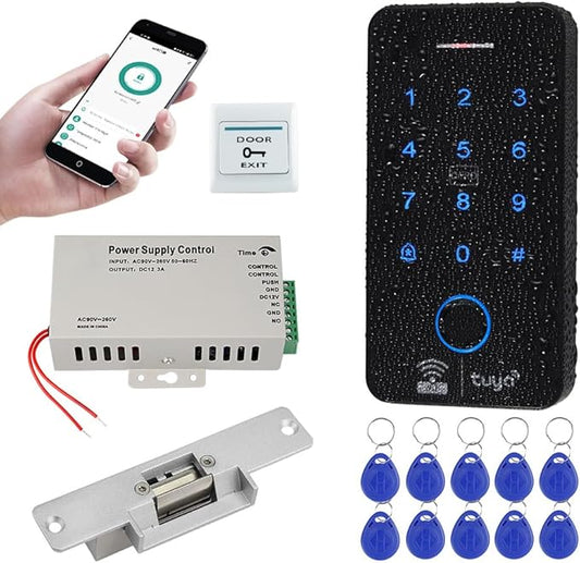 WiFi Tuya Fingerprint Access Control System Kits Biometrics Waterproof RFID Keypad 125KHz 13.56MHz with Electric Strike Door Lock, DC12V3A Power Supply, 10pcs RFID Keyfobs Tags