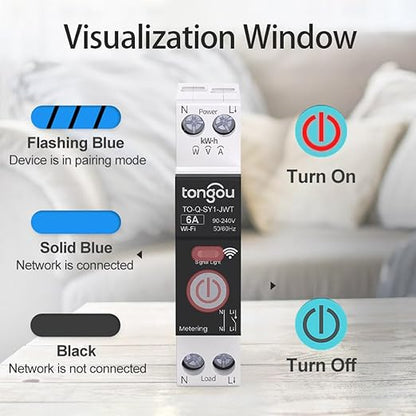 TONGOU DIY 1P+N Smart Wi-Fi Switch, Work with Alexa and Google Assistant for Voice Control, 6A with Energy Monitor, Smart Life/Tuya APP Remote Control, Timer Functions, DIN Rail Mounted,FCC Certified