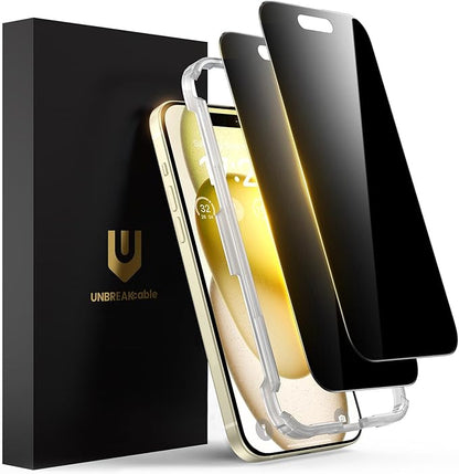 UNBREAKcable Privacy Screen Protector for iPhone 15 Plus, Anti-Spy Shatterproof Tempered Glass [True 28°Anti Spy] [9H Hardness] [Easy Installation Frame] Black Protector for iPhone 6.7" - 2 Pack