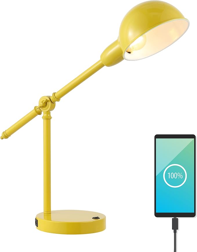JONATHAN Y 20.25" Yellow Vintage Industrial Iron Adjustable Task Lamp with USB Charging Port for Office Desk, Metal Yellow Dome Shade, LED Bulb Included (JYL7123C)