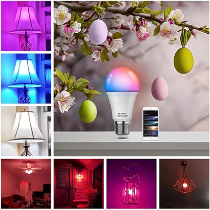 Smart Led Light Bulbs, Wi-Fi Magic Home Light Bulbs for Alexa & Google Assistant, E26, A19 Music Sync Color Changing Light Bulb, APP Remote Control on/off, Wireless, Bluetooth, 800LM, 60W,4Pack