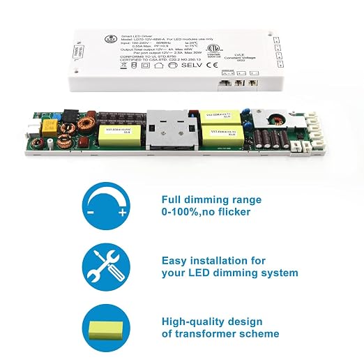 VST LED Power Supply, 100V-240V AC to 12V 48W DC Constant Voltage Transformer with 12V JST Ports, Driver for Strip Lights and Under Cabinet Lights, ETL Certified