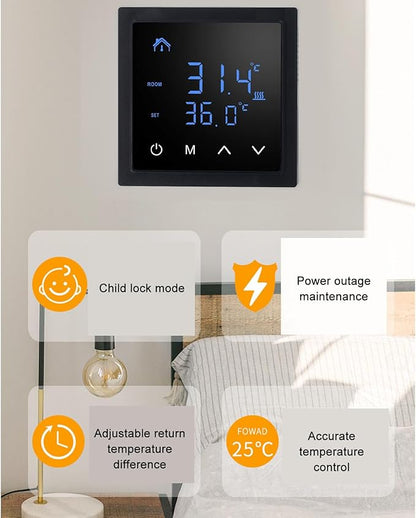 Smart Home Floor Heating Thermostat 16A AC85-250V Electric Heating Easy Installation Accurate Temperature Control (Black)