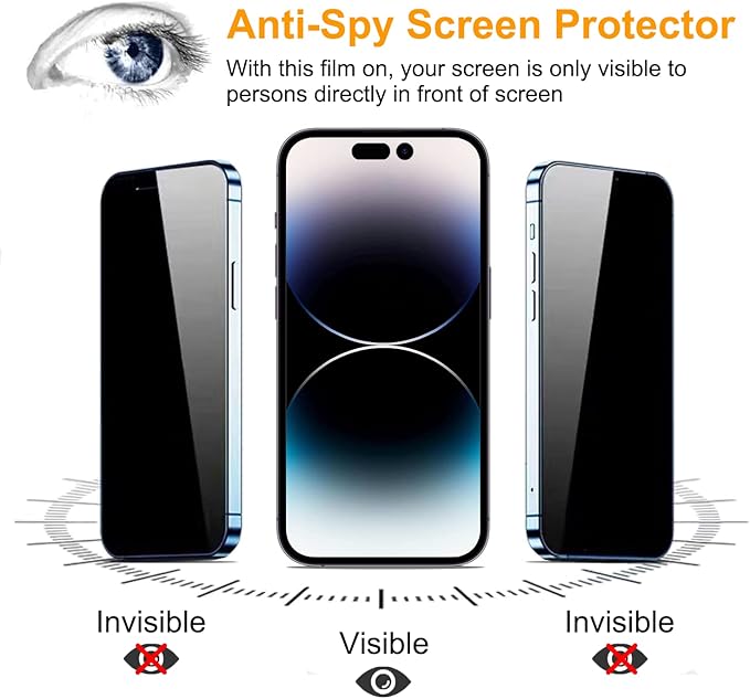 PEHAEL 2+2 Pack for iPhone 14 Pro Privacy Screen Protector with Camera Lens Protector Full Coverage Anti-Spy Tempered Glass Film 9H Hardness Easy Installation Bubble Free [6.1 inch]