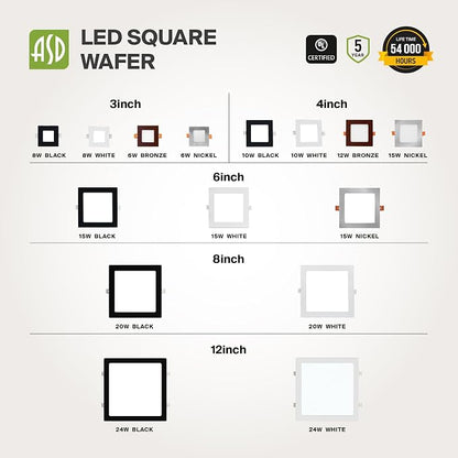 ASD 12 Pack LED Square Recessed Lighting 4 Inch, 5 CCT 2700K-5000K, 12W 50W Eqv, Ultra Thin Dimmable Ceiling Lights with J Box, Canless Wafer Downlight, Slim Panel, UL Energy Star, Oil-Rubbed Bronze