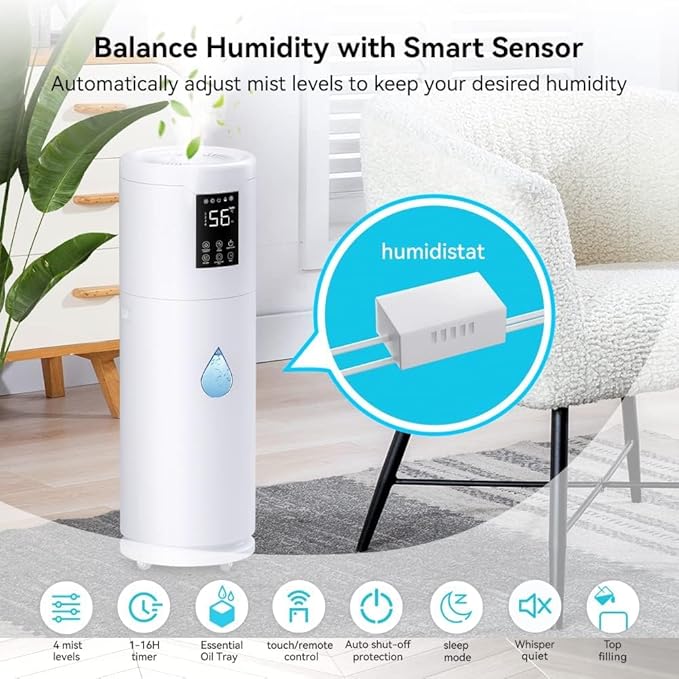 Humidifiers for Large Room Home Bedroom 2000 sq.ft. 17L/4.5Gal Large Humidifier with Extension Tube & 4 Speed Mist,Top Fill Wholehouse Humidifier with 360°Nozzle for Plant Office Commercial Greenhouse