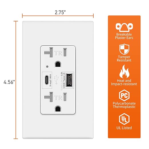 Micmi USB Outlet with C + A Wall Dual High Speed Receptacle Smart 4.8A Fast Charging Capability, 20Amp 125Volt, Tamper Resistant Wall Plate Included UL Listed (2Pack, White, 20 Amp Outlet)