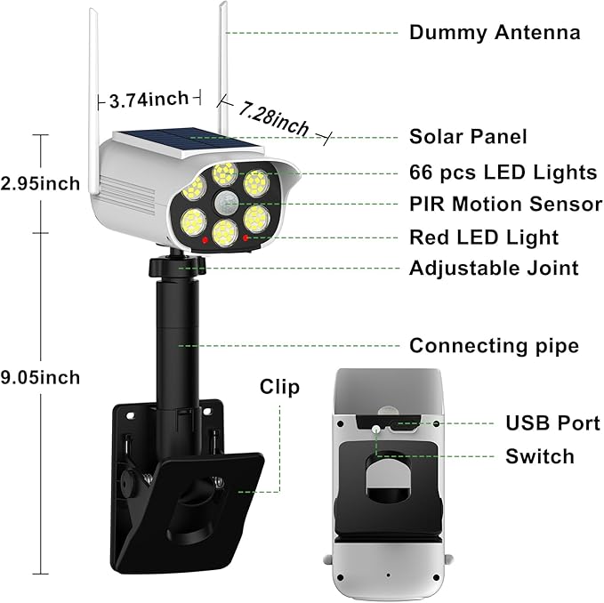 Tryme 2 Pack Fake Security Camera Solar Light with Flashing Red LED Clip-On Adjustable Dummy CCTV, 500 Lumen, 3 Modes & Motion Sensor for Porch, Yard, Garage (No Drill, Wireless)