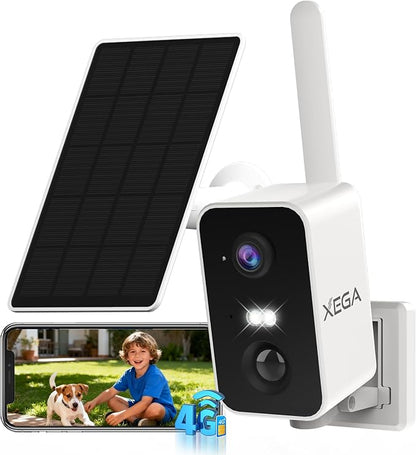 Xega 4G Cellular Security Camera: 10000mAh Battery, No WiFi Need, Pan 180°, Motion Detection, 2K Color Night Vision, 2-Way Audio, Siren Alarm, TF/Cloud IP66, Built-in SIM Card, Indoor and Outdoor